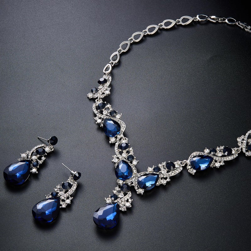 BriLove Wedding Bridal Jewelry Set for Women Multi Teardrop Cluster Crystal Statement Necklace Dangle Earrings for Party Accessories Navy Blue Sapphire Color Silver-Tone. - Image 4
